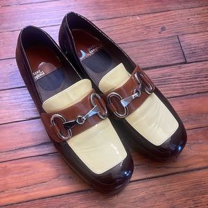 Jeffrey Campbell Student Platform Loafer in Brown Yellow Tan Patent Combo